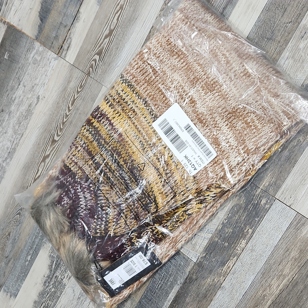 Frye Camel Multi Marl Knit Faux Fur Pom Pom Scarf - Picture 3 of 4